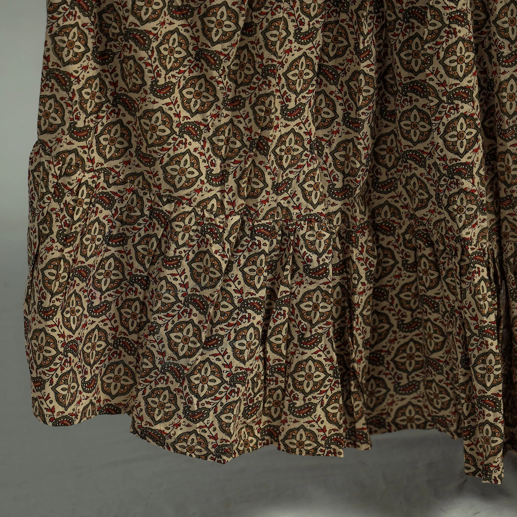 Beige - Sanganeri Block Printed Tiered Cotton Long Skirt