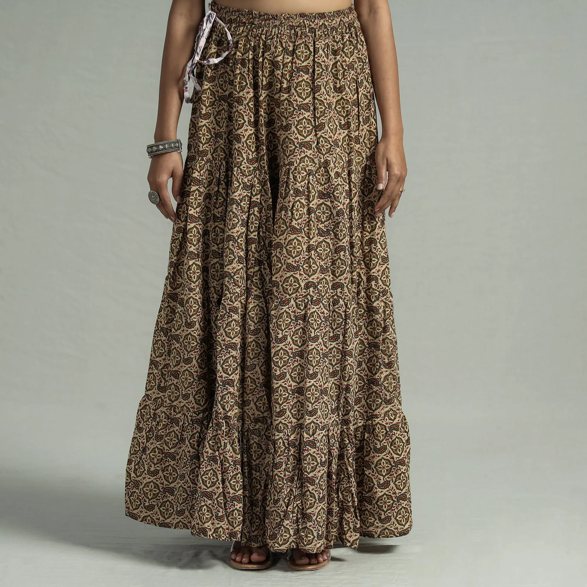 Beige - Sanganeri Block Printed Tiered Cotton Long Skirt