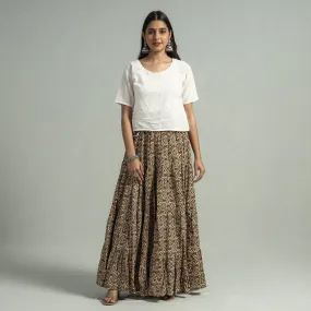 Beige - Sanganeri Block Printed Tiered Cotton Long Skirt
