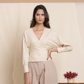 Beige Striped Surplice Neck Cotton Blouson Wrap Top