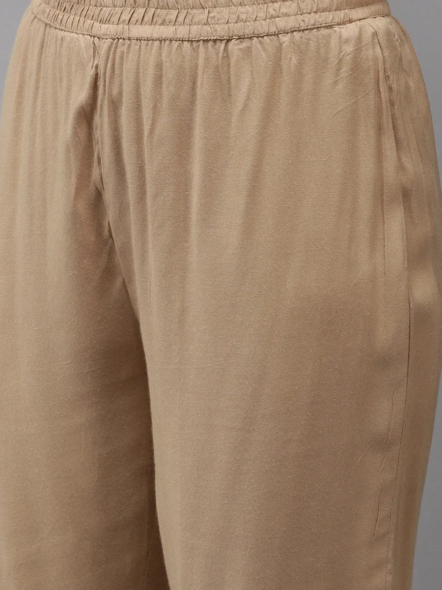 Beige Viscose Rayon Embroidered 3-Piece Kurta Set