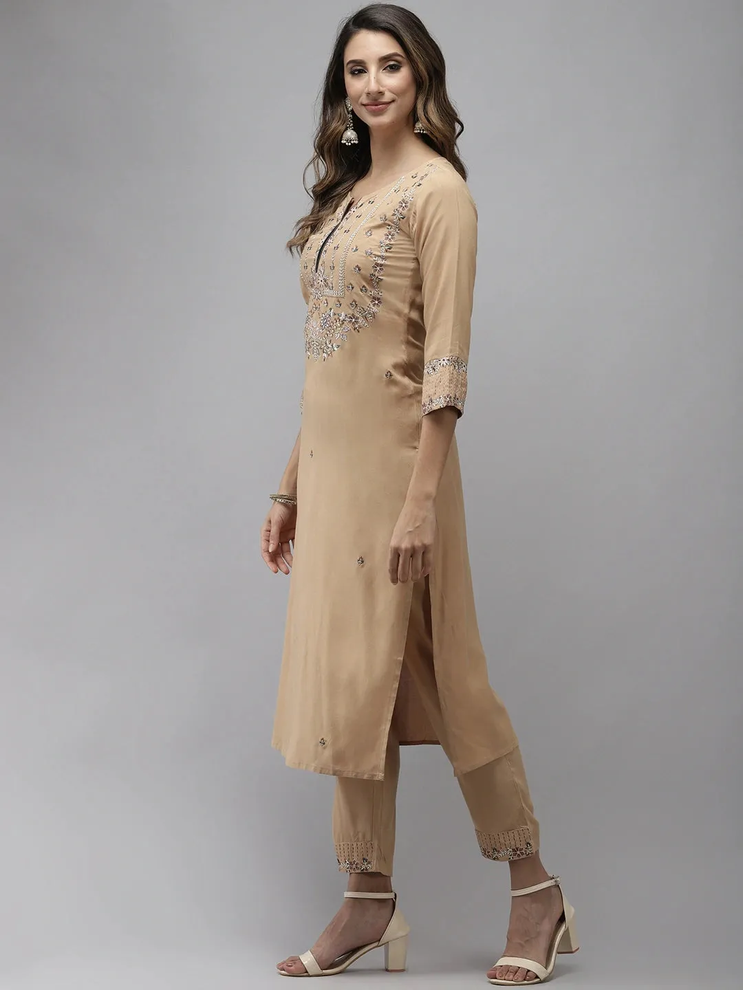 Beige Viscose Rayon Embroidered 3-Piece Kurta Set