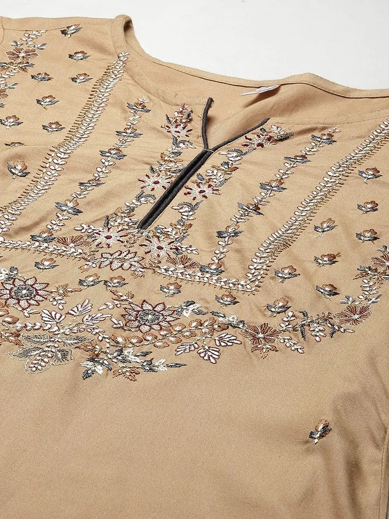 Beige Viscose Rayon Embroidered 3-Piece Kurta Set