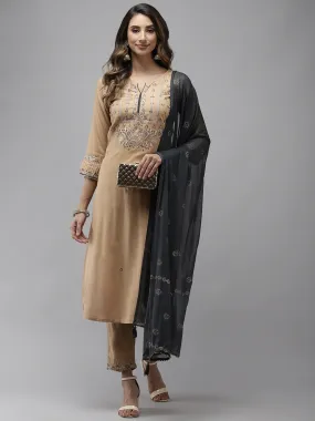 Beige Viscose Rayon Embroidered 3-Piece Kurta Set