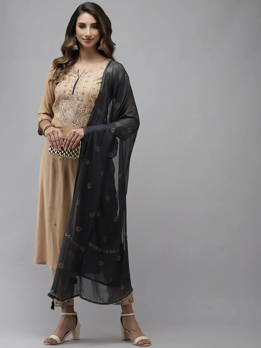 Beige Viscose Rayon Embroidered 3-Piece Kurta Set