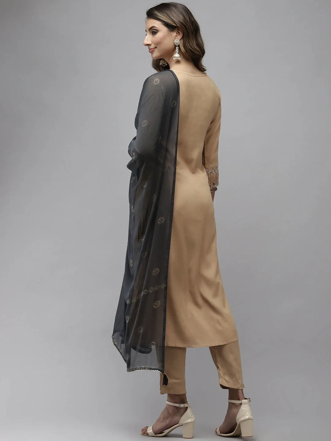 Beige Viscose Rayon Embroidered 3-Piece Kurta Set