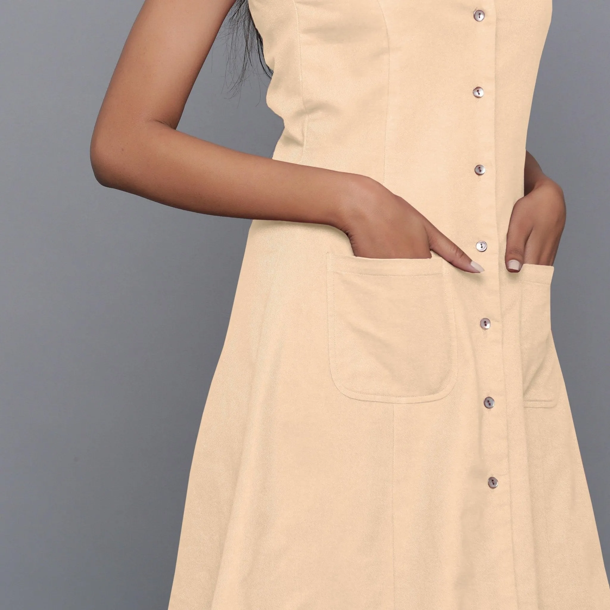 Beige Warm Cotton Flannel Button-Down Short Dress
