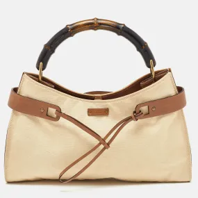 Beige/Brown Canvas and Leather Vintage Bamboo Hobo