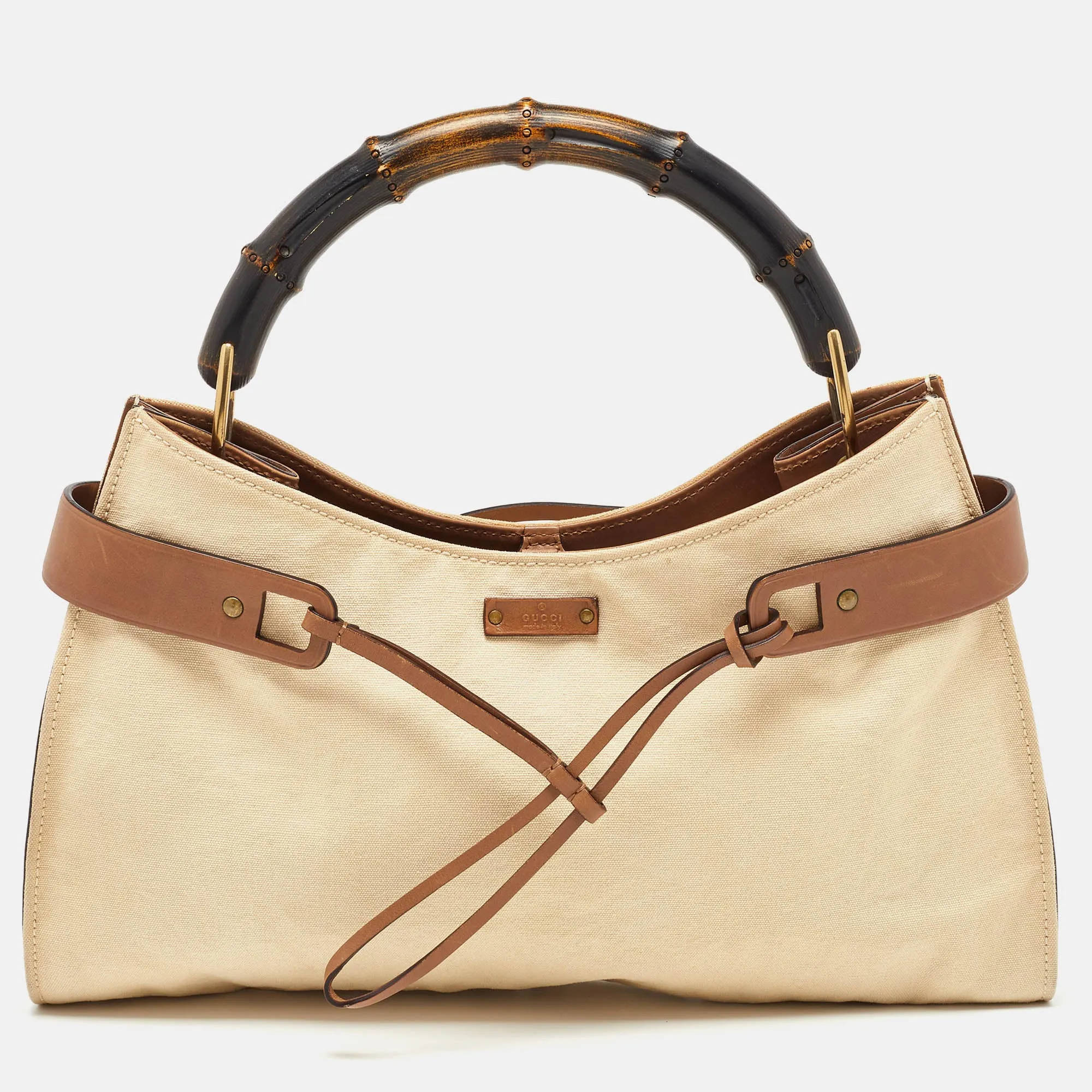 Beige/Brown Canvas and Leather Vintage Bamboo Hobo