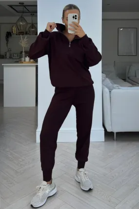Bella chocolate long sleeve 1/4 zip neck loungewear set