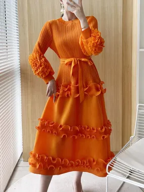 Bella Orange Floral Pleated Sleeve Dress