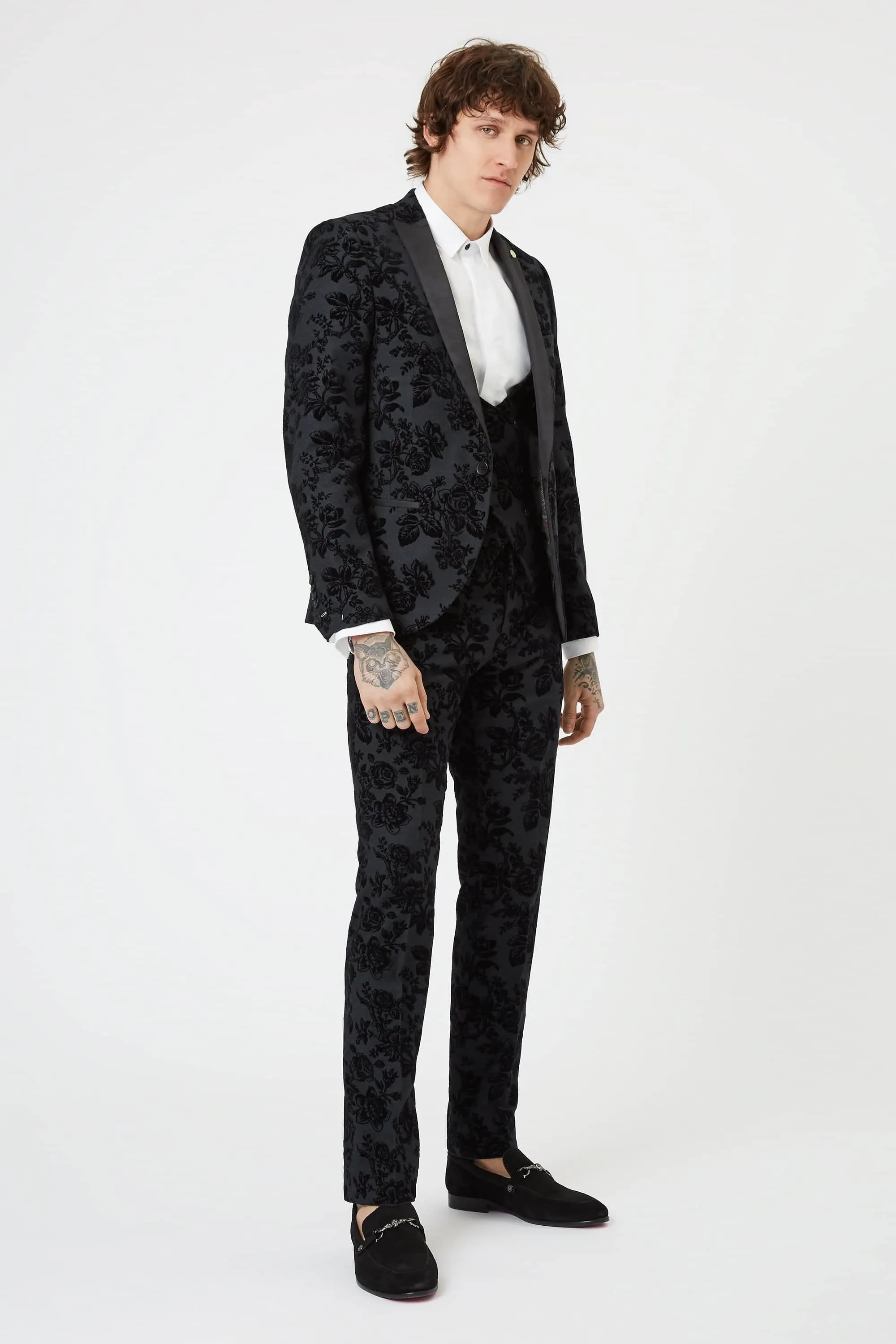 Belsize Skinny Fit Black Floral Tuxedo Suit - ARCHIVE