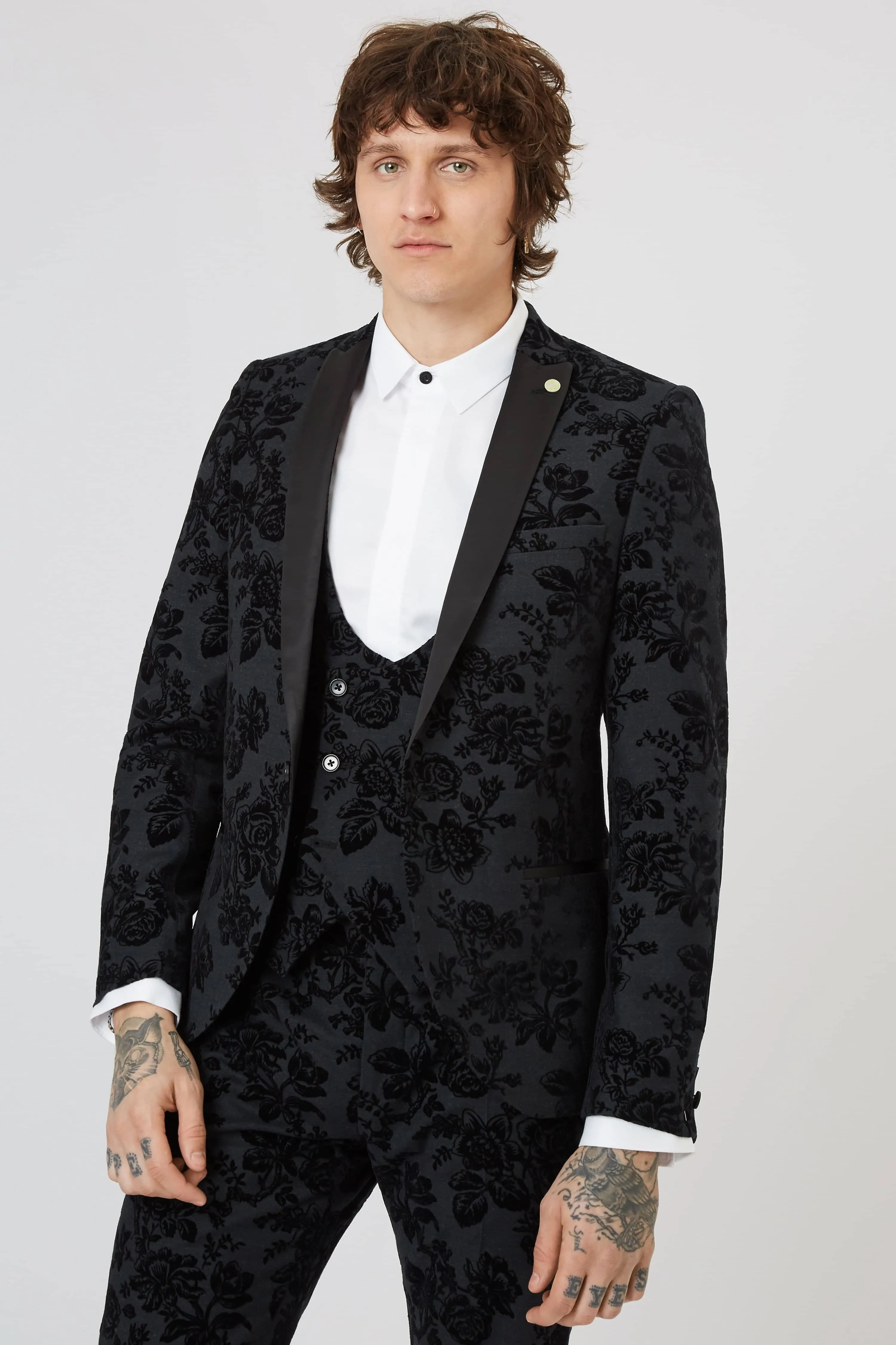 Belsize Skinny Fit Black Floral Tuxedo Suit - ARCHIVE