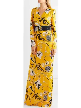 Belted Floral-Print Crepe Gown