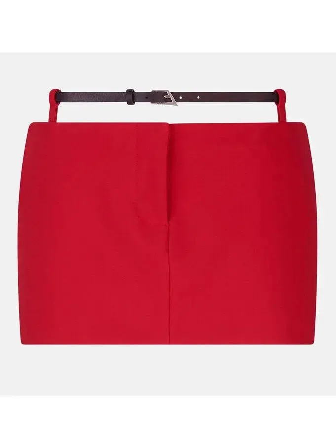 Belted Red Crepe Mini Skirt