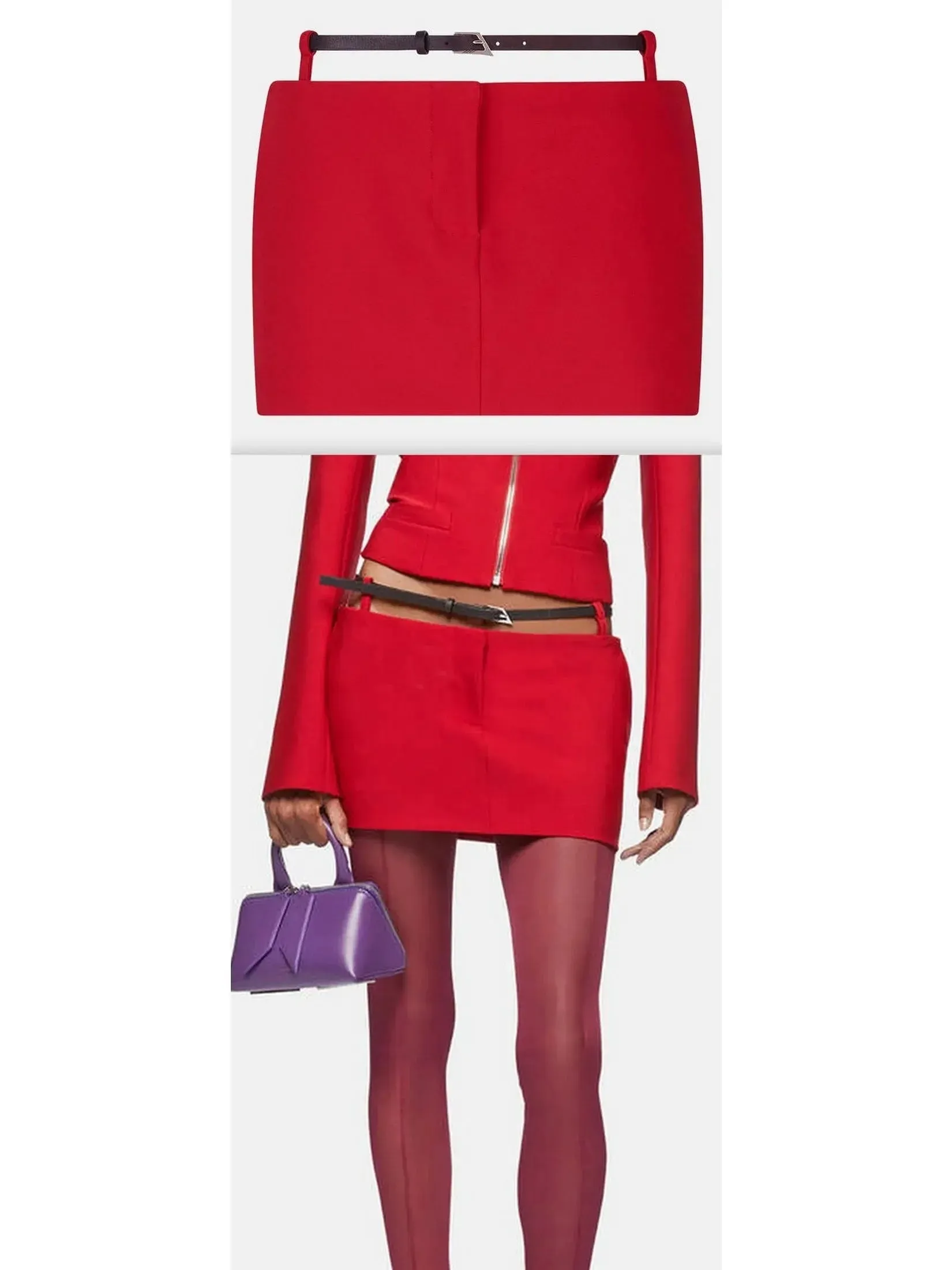 Belted Red Crepe Mini Skirt