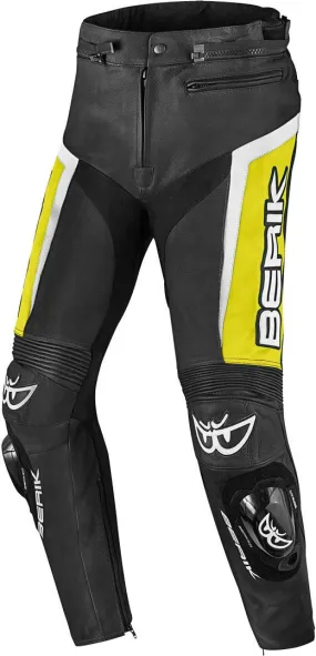Berik Misle motorcycle leather pants with elastic leather panels at knees and rear waist , black/white/yellow