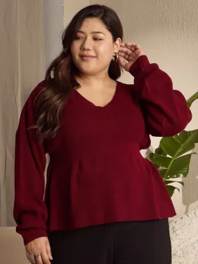 Berrylush Curve Women Solid Maroon V-Neck Drop-Shoulder Acrylic Curved Hem Peplum Pullover