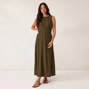Bias Textured Cotton Midi Dress - Deep Olive