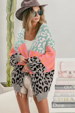 BiBi Leopard Print Color Block Open Front Cardigan in Sage/Mauve/Grey ON ORDER