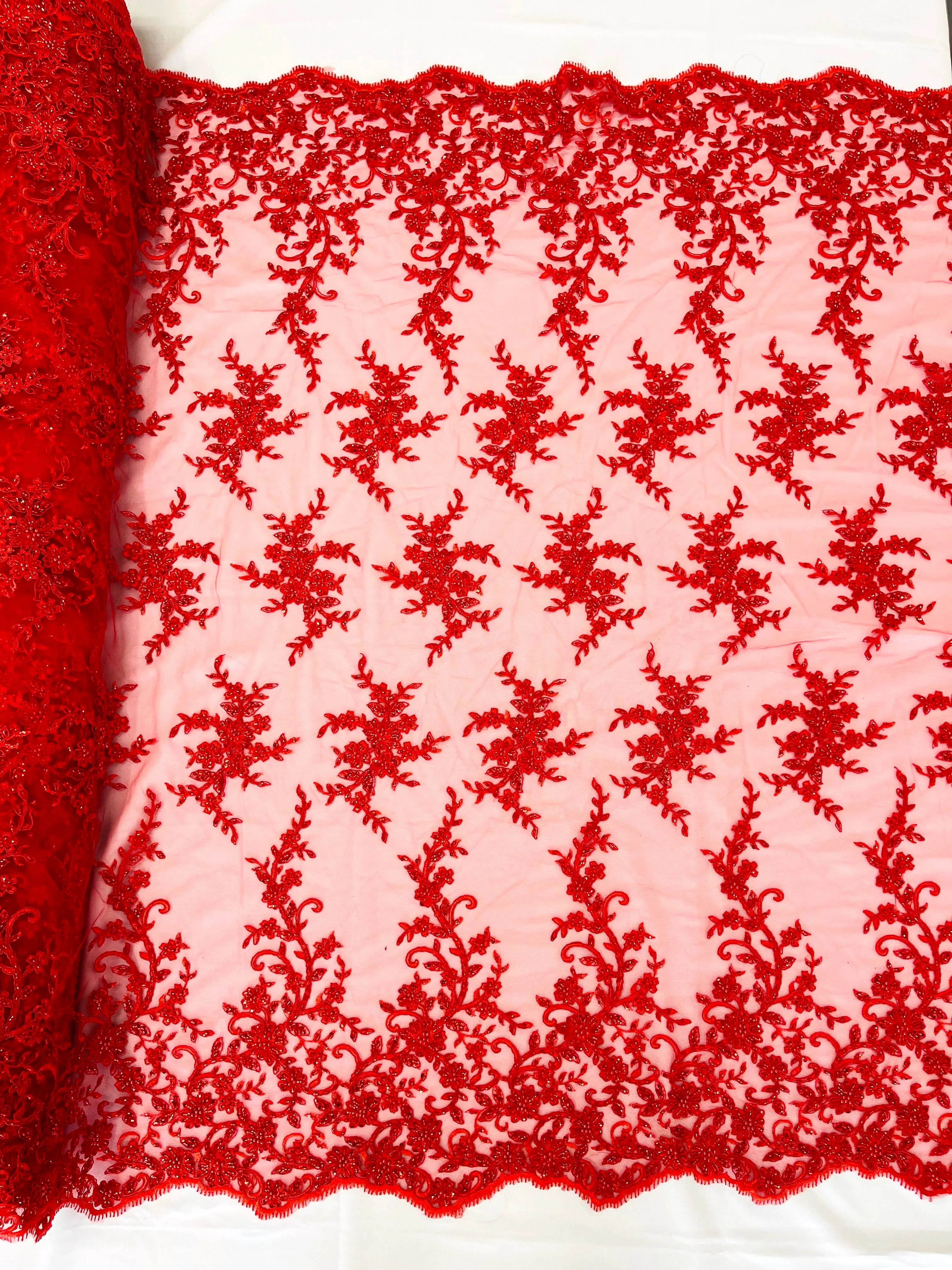 BIG FLORAL DAMASK BEADED LACE (By The Yard)
