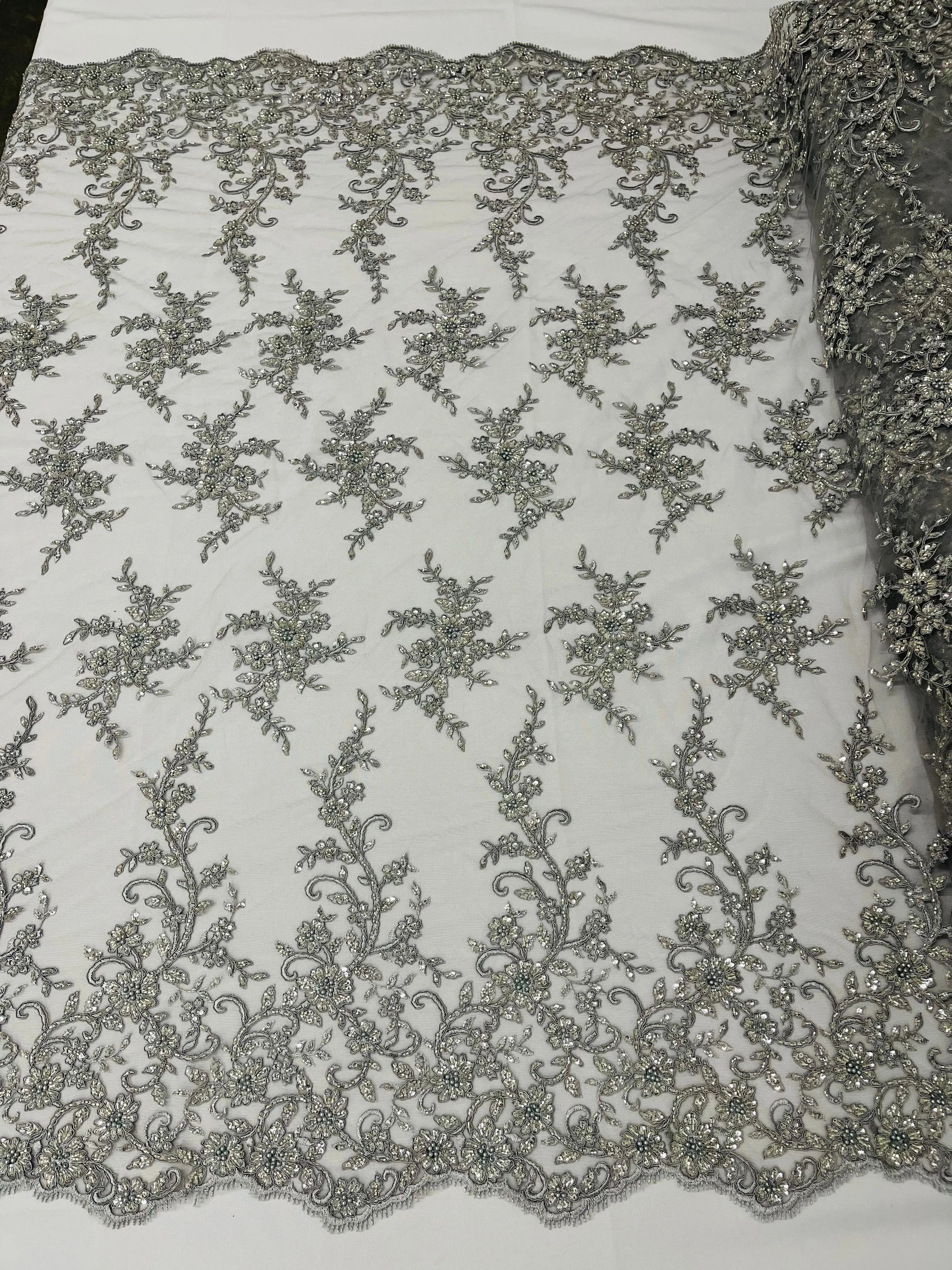 BIG FLORAL DAMASK BEADED LACE (By The Yard)