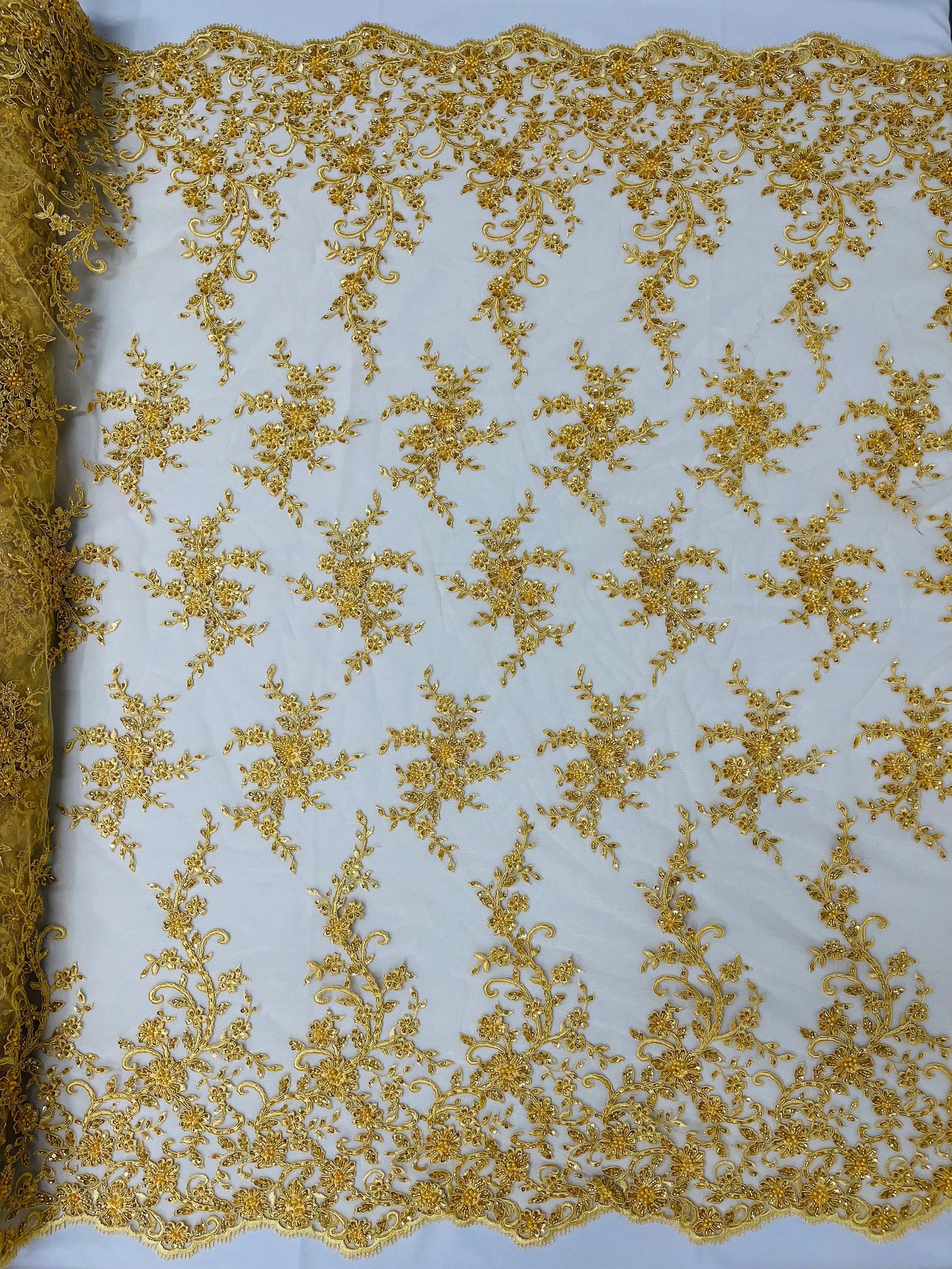 BIG FLORAL DAMASK BEADED LACE (By The Yard)
