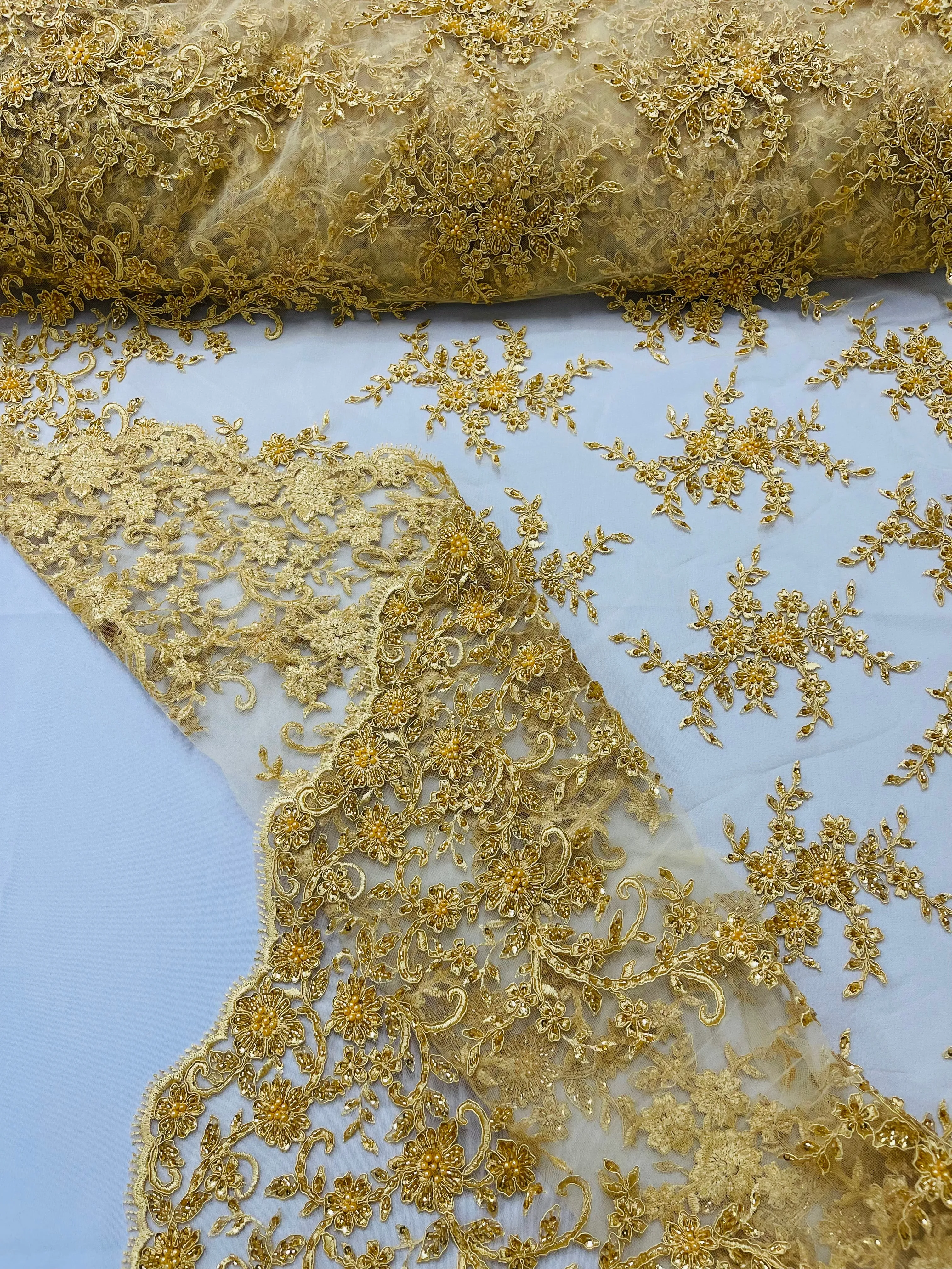 BIG FLORAL DAMASK BEADED LACE (By The Yard)