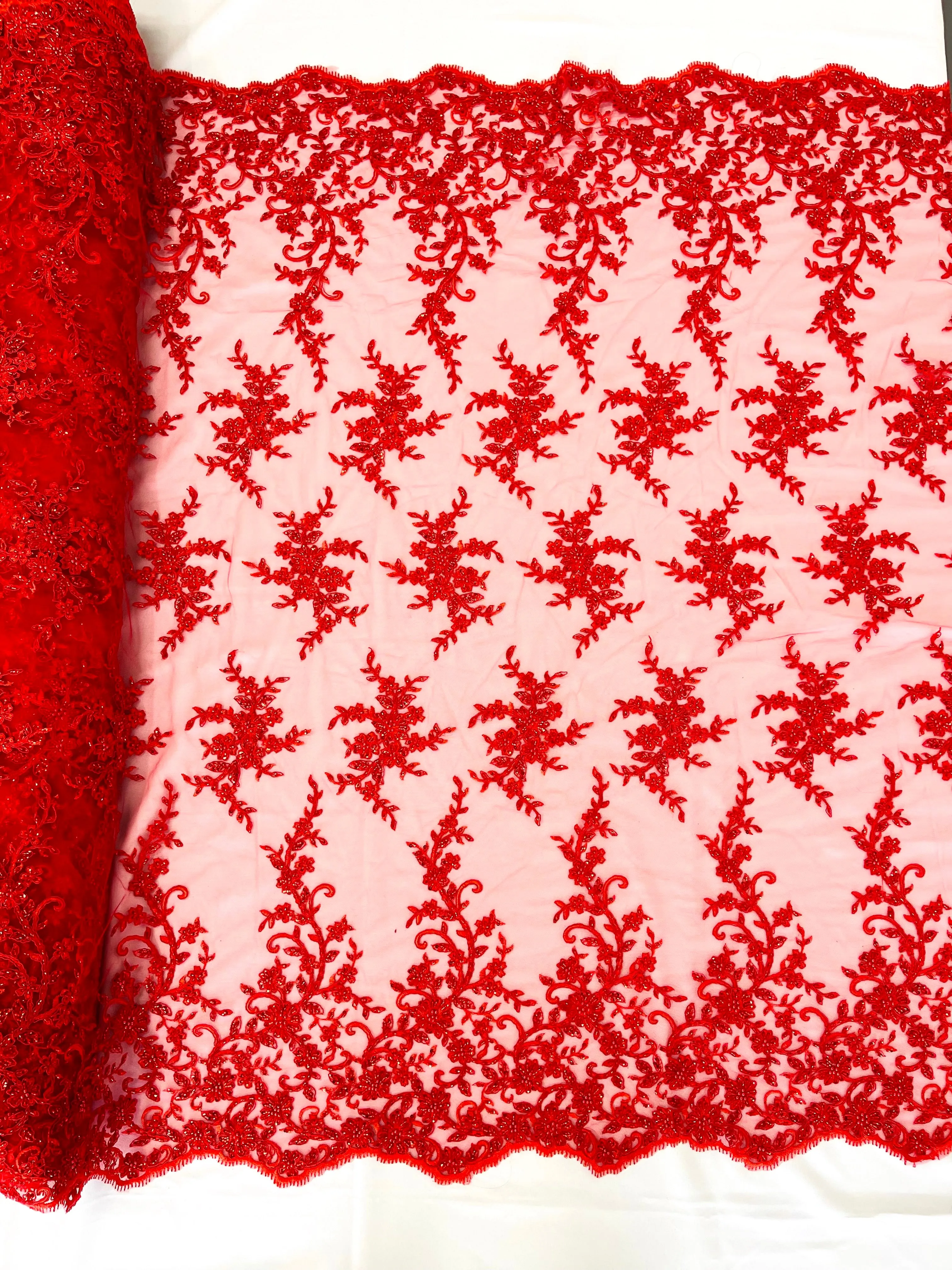BIG FLORAL DAMASK BEADED LACE (By The Yard)