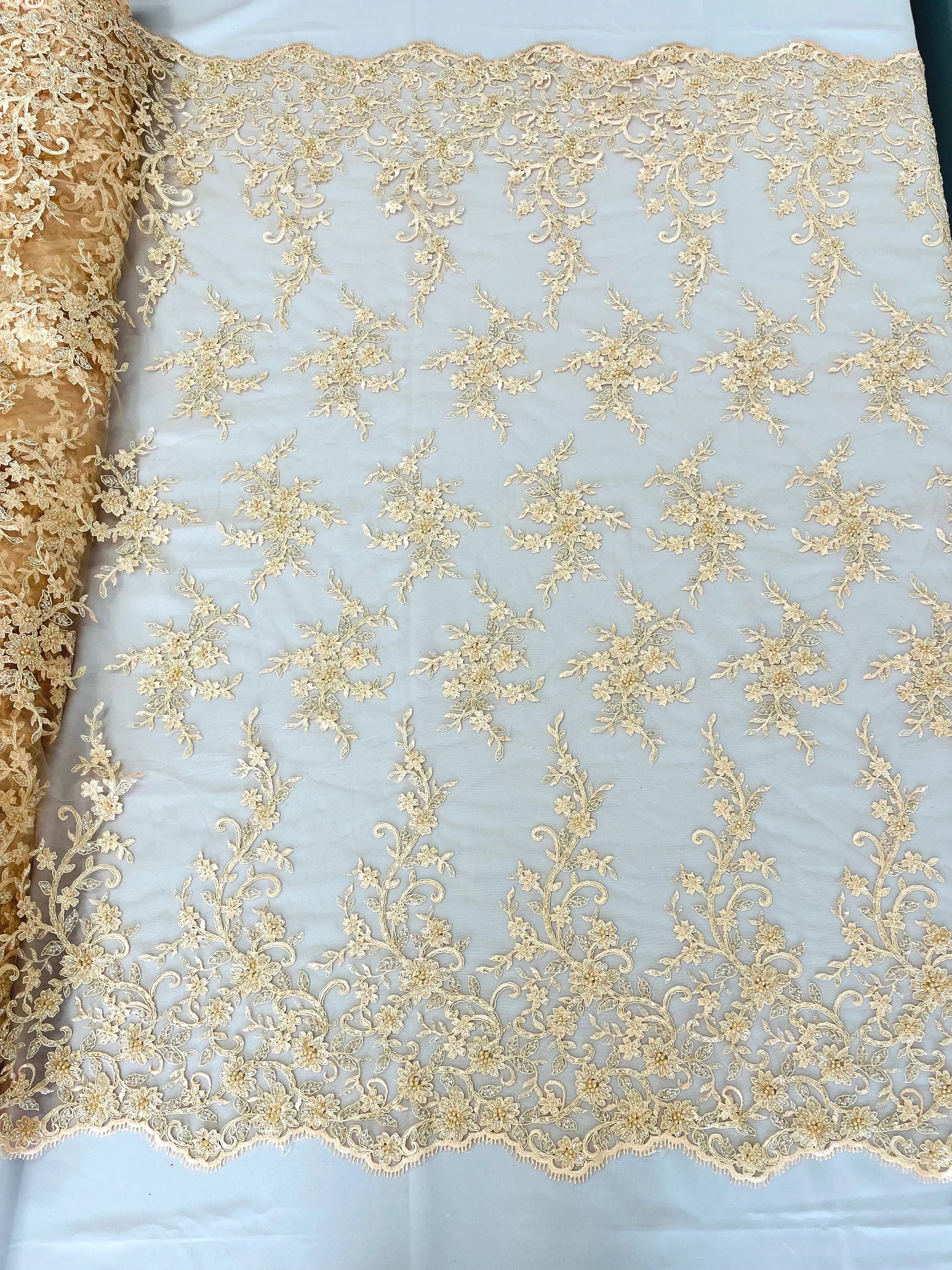 BIG FLORAL DAMASK BEADED LACE (By The Yard)