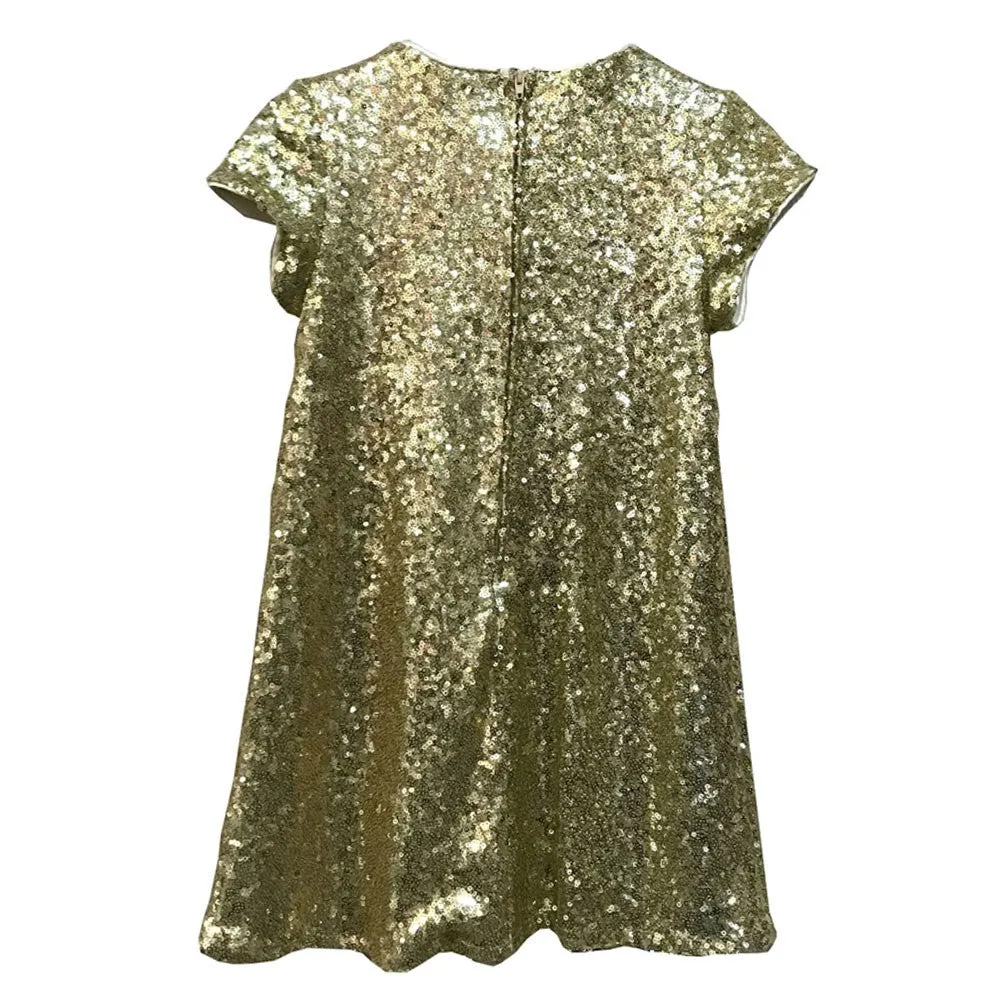 Big Girls Gold Sparkle Sequin Katy Short Sleeve Shift Party Dress 8-12