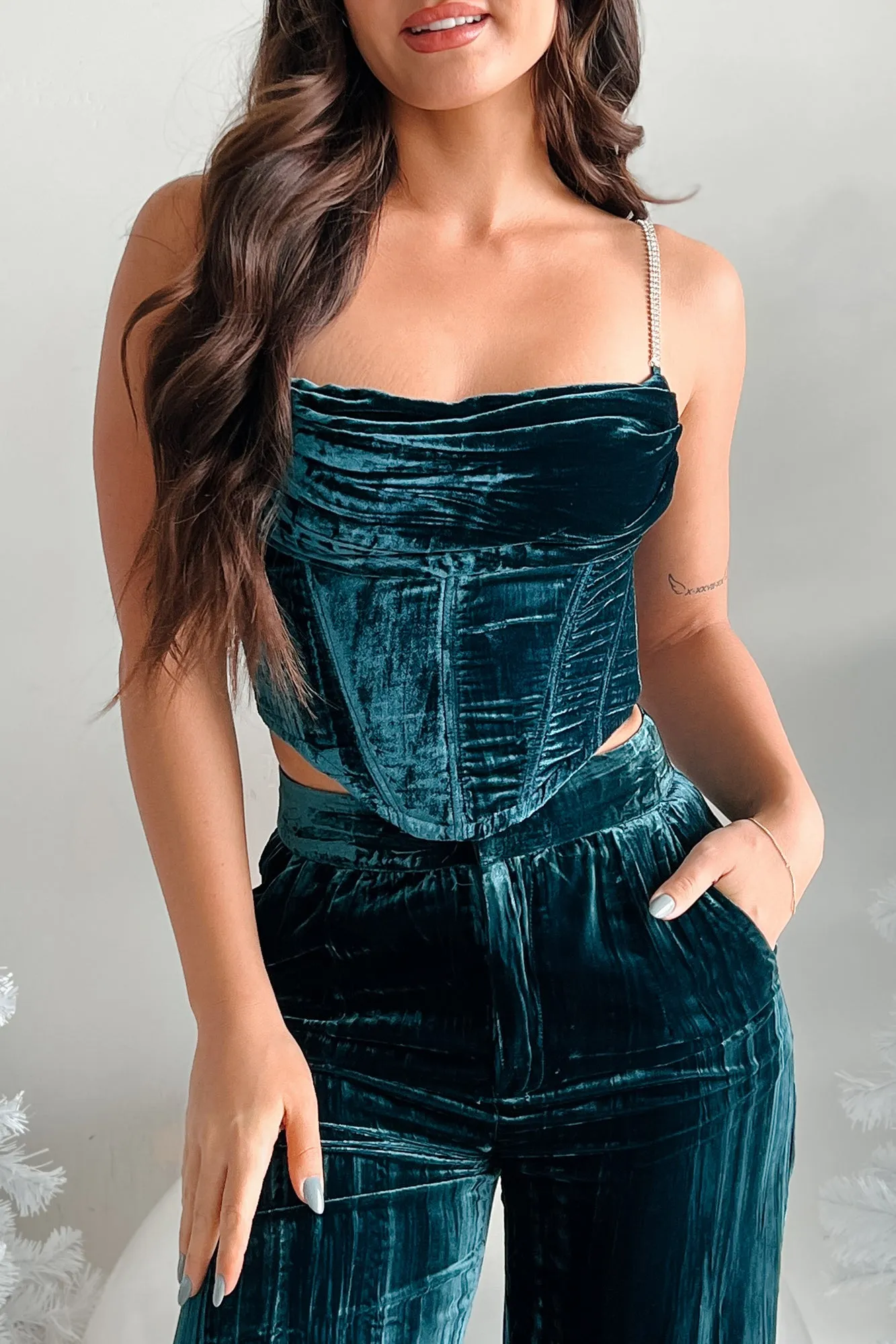 Big Time Glam Velvet Corset Top (Teal)
