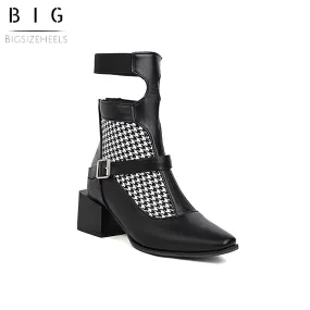 Bigsizeheels Asxl magazine square toe leather ankle boots - Houndstooth