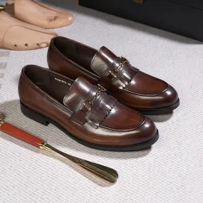 binfenxie  -  Classic Men's Loafers Genuine Leather Handmade Tassel Slip on Daily Casual Shoes Metal Button Office Wedding Dress Shoes for Men