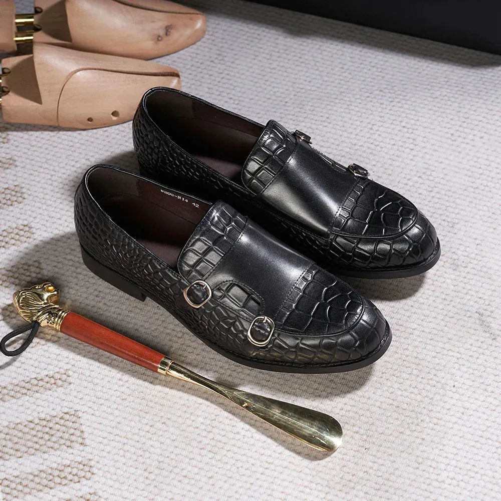 binfenxie  - Luxury Men's Loafers Genuine Leather Double Buckle Monk Strap Slip on Casual Shoes Crocodile Pattern Wedding Dress Shoes for Men