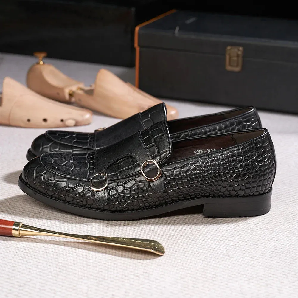 binfenxie  - Luxury Men's Loafers Genuine Leather Double Buckle Monk Strap Slip on Casual Shoes Crocodile Pattern Wedding Dress Shoes for Men