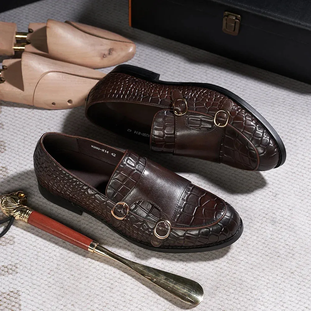 binfenxie  - Luxury Men's Loafers Genuine Leather Double Buckle Monk Strap Slip on Casual Shoes Crocodile Pattern Wedding Dress Shoes for Men