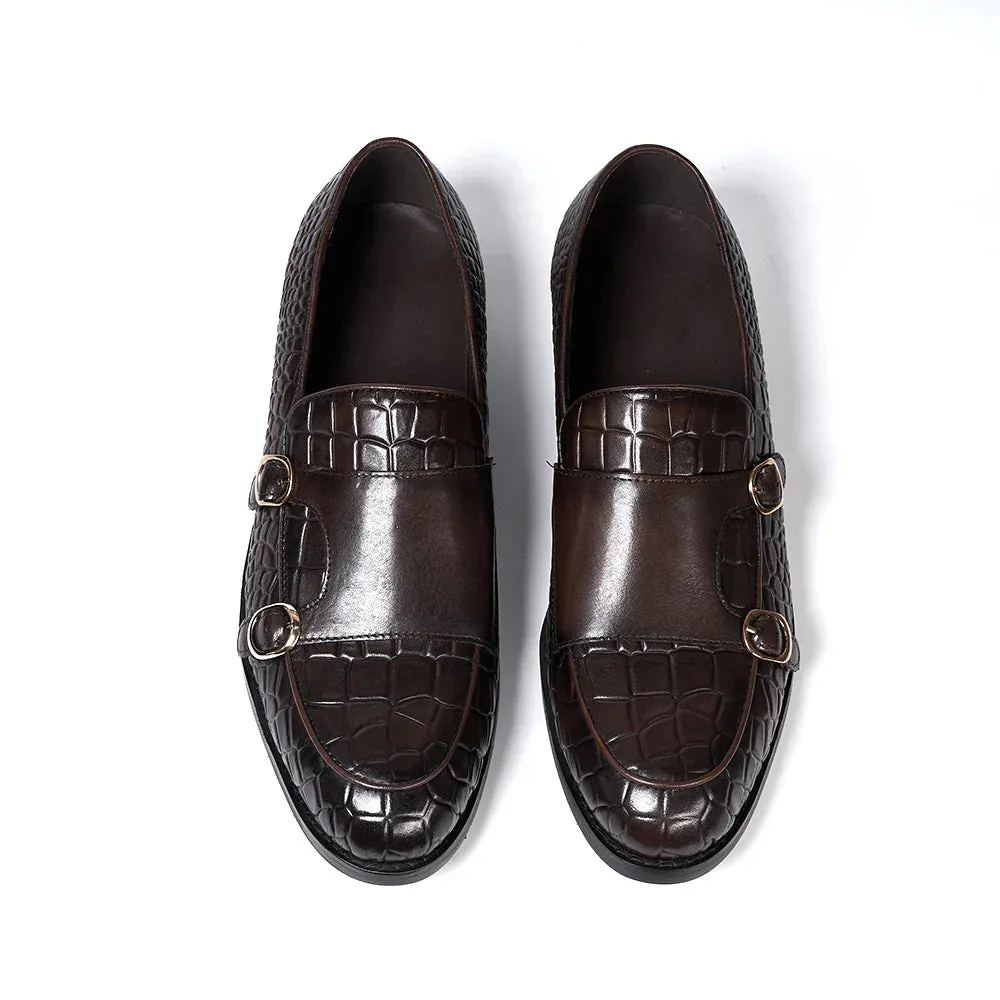 binfenxie  - Luxury Men's Loafers Genuine Leather Double Buckle Monk Strap Slip on Casual Shoes Crocodile Pattern Wedding Dress Shoes for Men