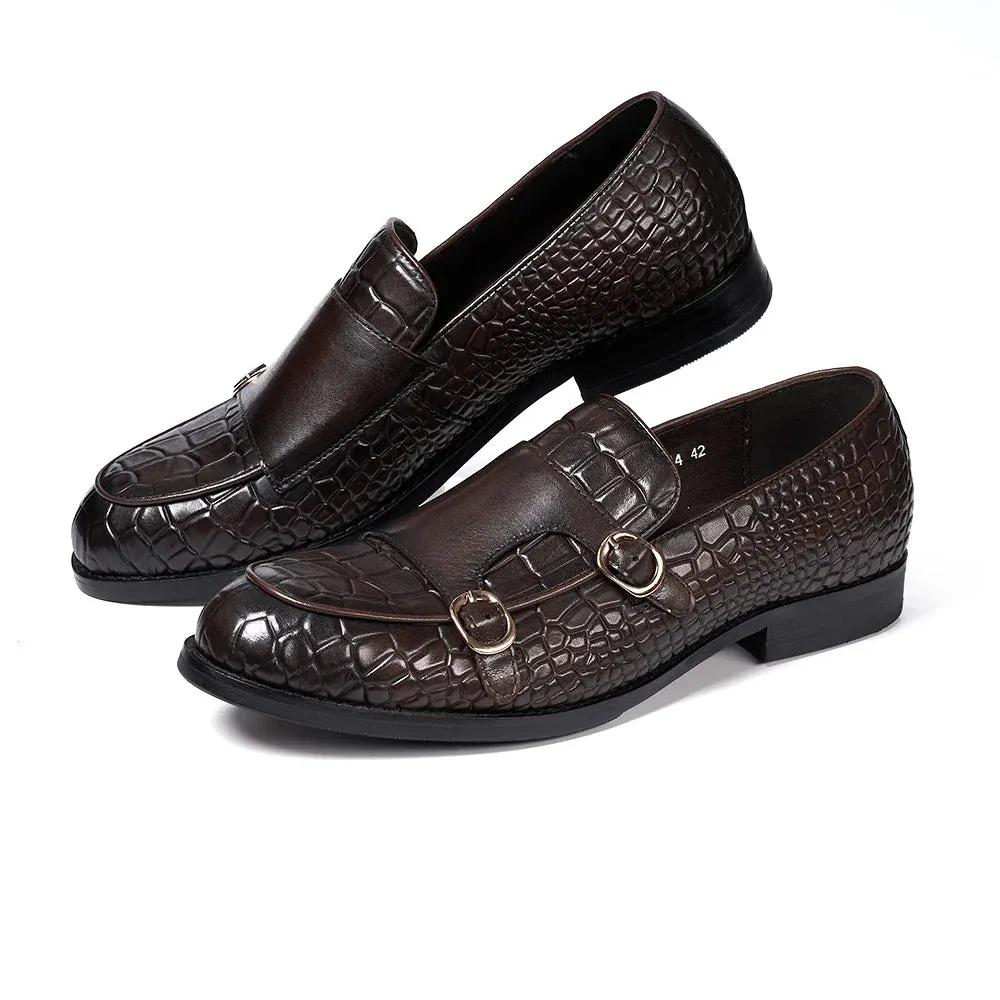 binfenxie  - Luxury Men's Loafers Genuine Leather Double Buckle Monk Strap Slip on Casual Shoes Crocodile Pattern Wedding Dress Shoes for Men