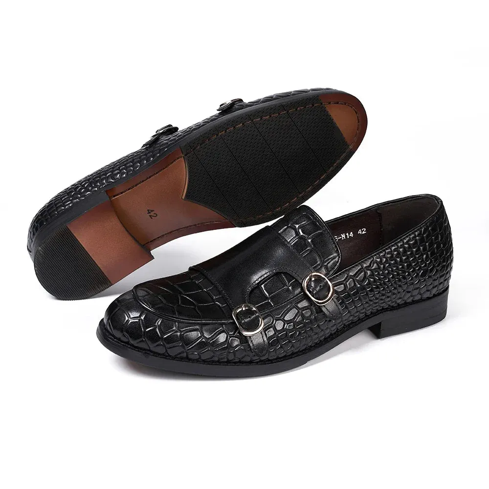 binfenxie  - Luxury Men's Loafers Genuine Leather Double Buckle Monk Strap Slip on Casual Shoes Crocodile Pattern Wedding Dress Shoes for Men