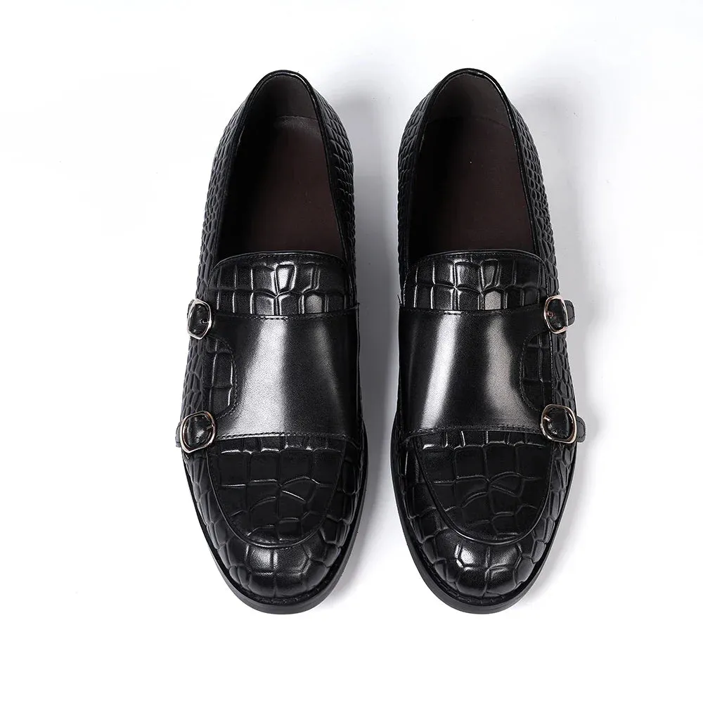 binfenxie  - Luxury Men's Loafers Genuine Leather Double Buckle Monk Strap Slip on Casual Shoes Crocodile Pattern Wedding Dress Shoes for Men