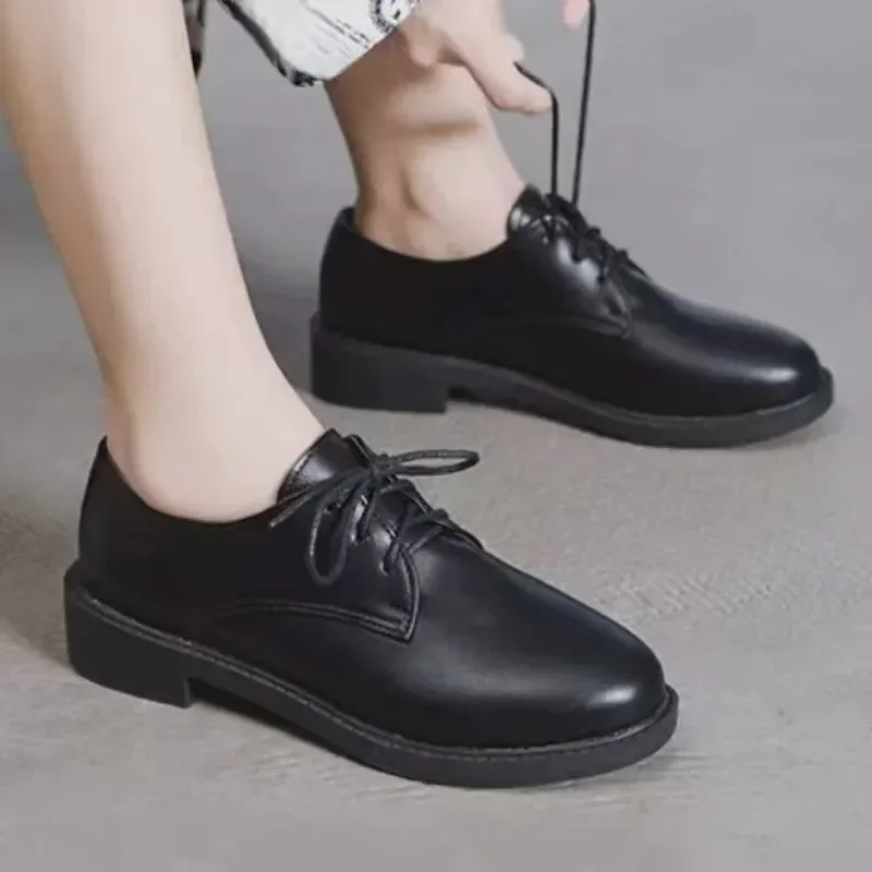 binfenxie  -  Women New Black Platform Flats Shoes Ladies Loafers Lace Up Elegant Small Leather Shoes Designer Casual Leather Oxfords