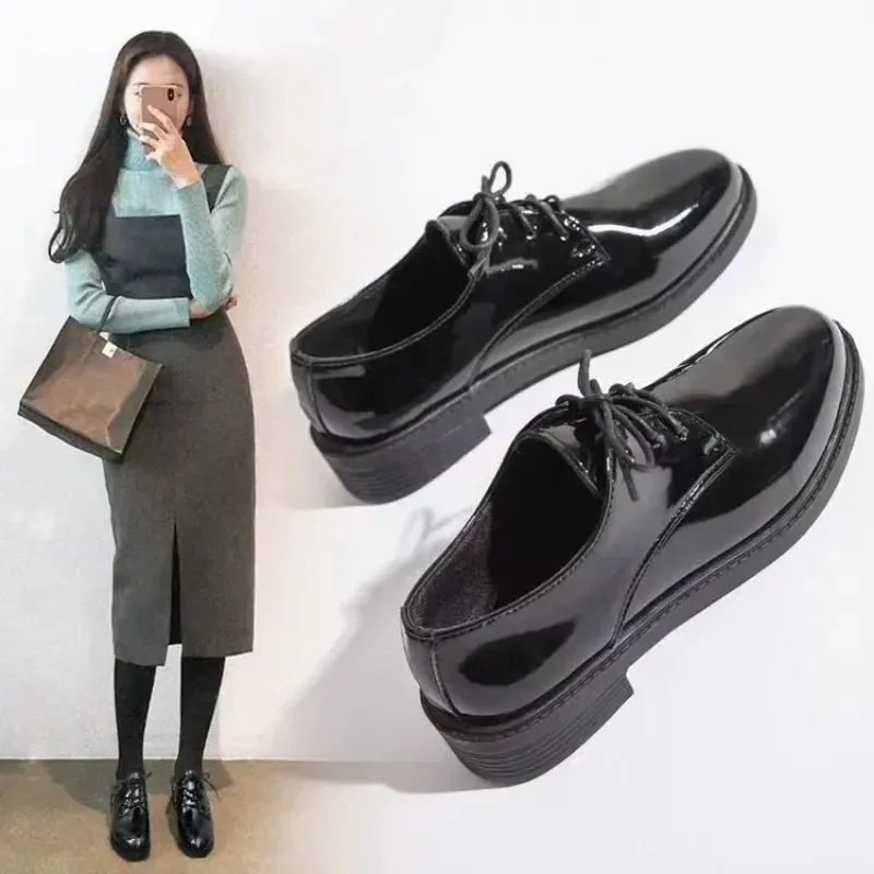 binfenxie  -  Women New Black Platform Flats Shoes Ladies Loafers Lace Up Elegant Small Leather Shoes Designer Casual Leather Oxfords