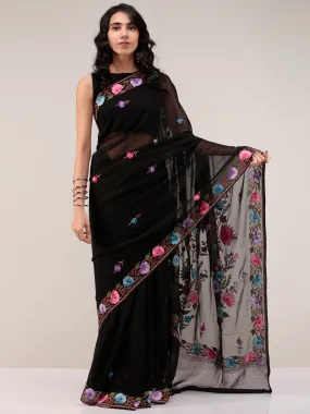 Black Aari Embroidered Georgette Saree From Kashmir - S031704666