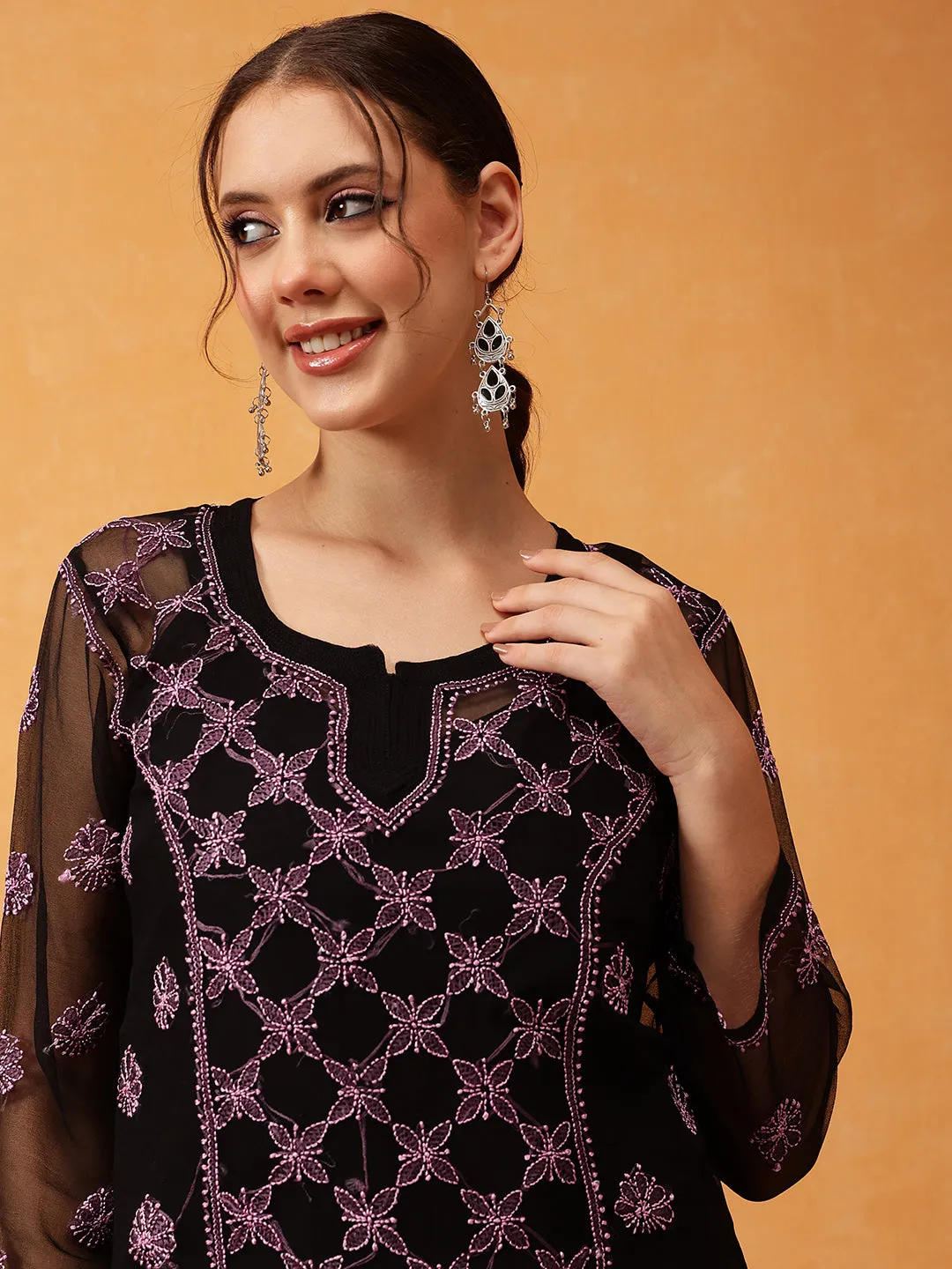 Black & Pink Georgette Embroidery Chikankari Tunic With Slip
