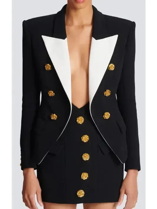 Black & White Slim-Fit Jacket with Roses Buttons