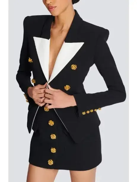 Black & White Slim-Fit Jacket with Roses Buttons