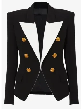 Black & White Slim-Fit Jacket with Roses Buttons