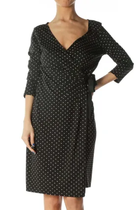 Black and Beige Polka-Dot Wrap Dress