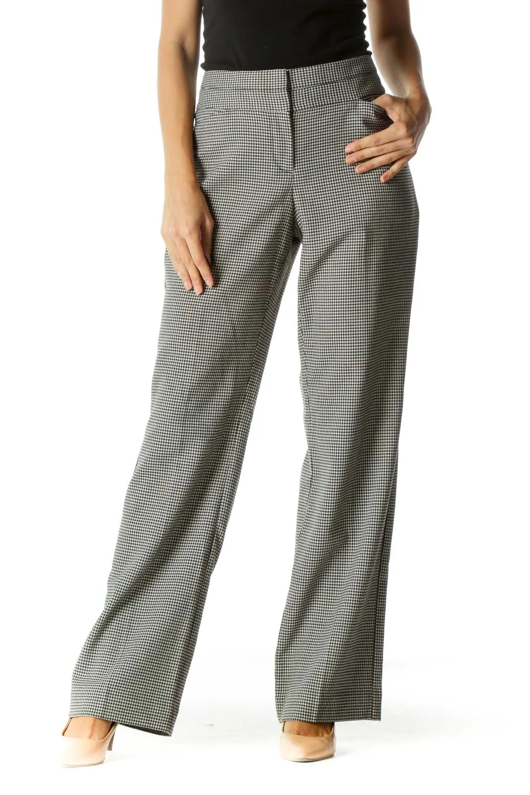 Black and Cream Houndstooth Print Wide Leg Pant